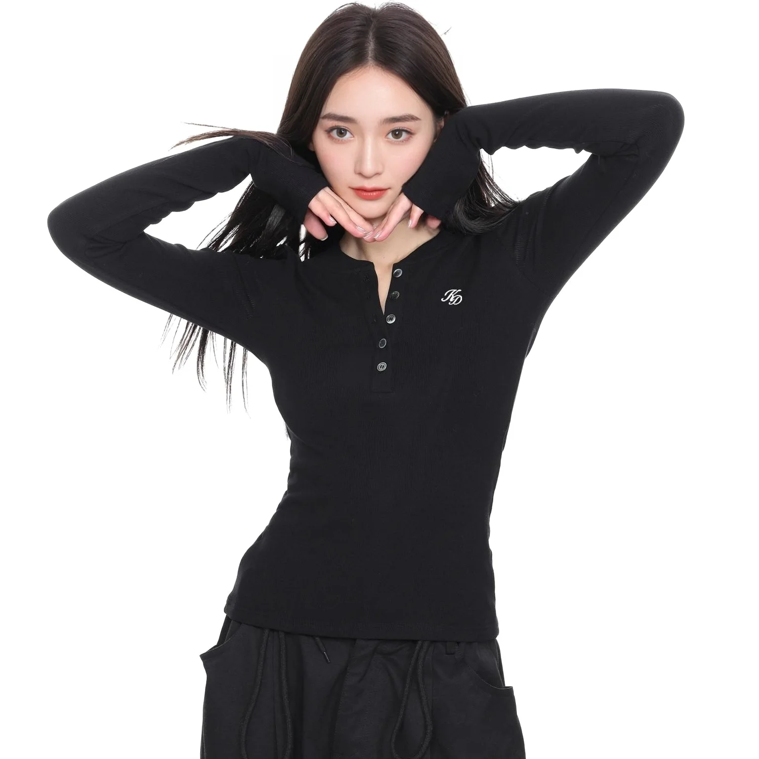 تي شيرت بأكمام طويلة للفتيات المراهقات للسيدات صيفي من القطن المجوف وحاشية مربوطة وخفيفة الوزن ومريحة وخفيفة الوزن وبسيطة وحديثة #1