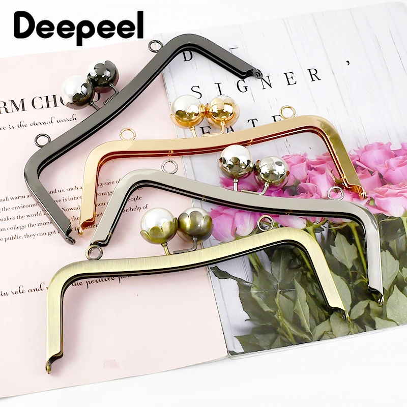 

1/2Pcs 20cm Square HandBags Handle Pearl Decor Metal Kiss Clasp Sewing Brackets Purse Frame DIY Bag Handles Hardware Accessories