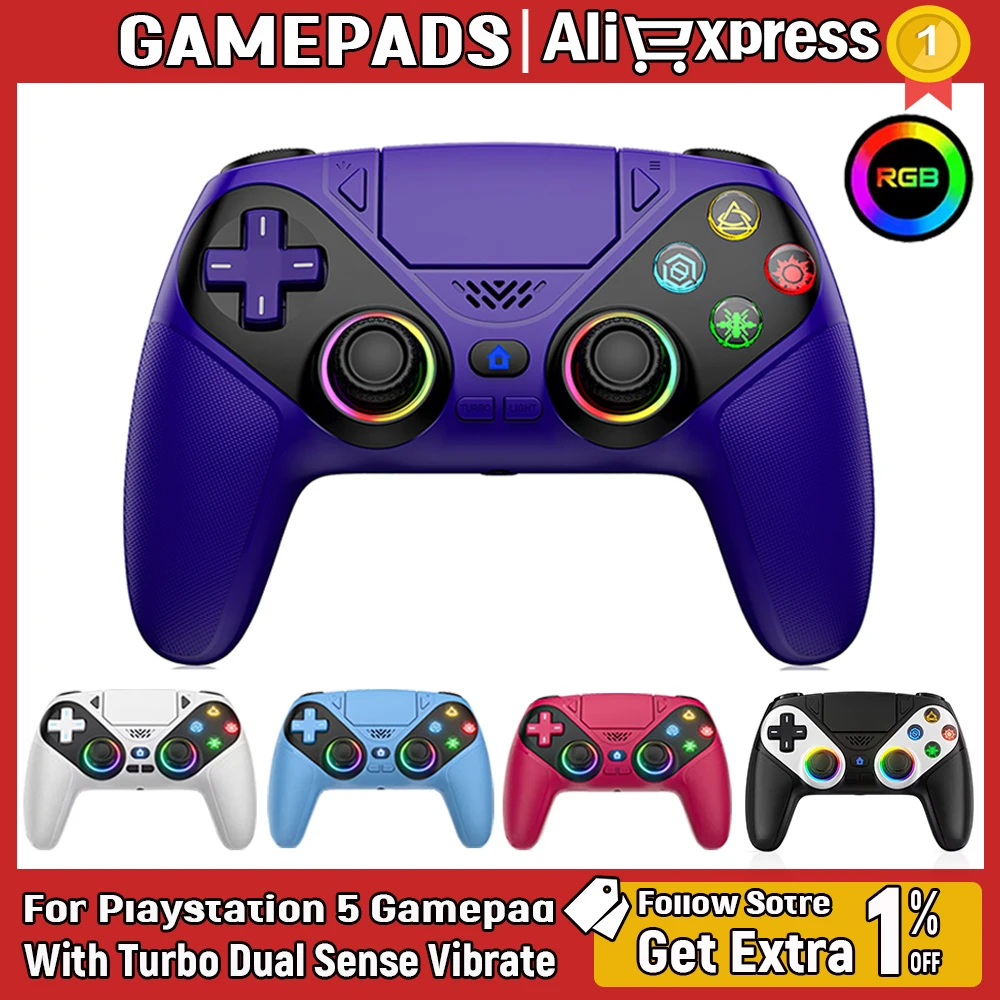 

Беспроводной контроллер RGB для игровых консолей PS5/PS5 Pro/Slim/PC/Steam, геймпады с аудиоразъемом 3,5 мм, двойной вибрацией, функциями Marco/Turbo