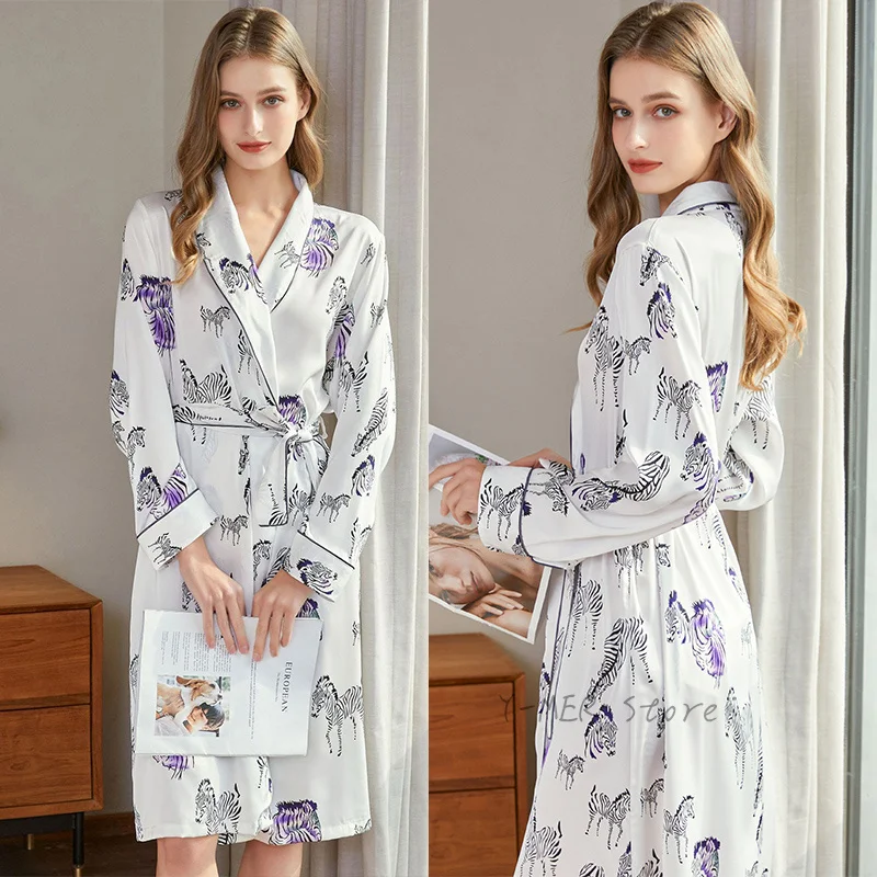 

Satin Robe Nightgown Print Cartoon Sleepwear Female Summer Night Dress Long Sleeve Kimono Bathrobe Gown Intimate Lingerie