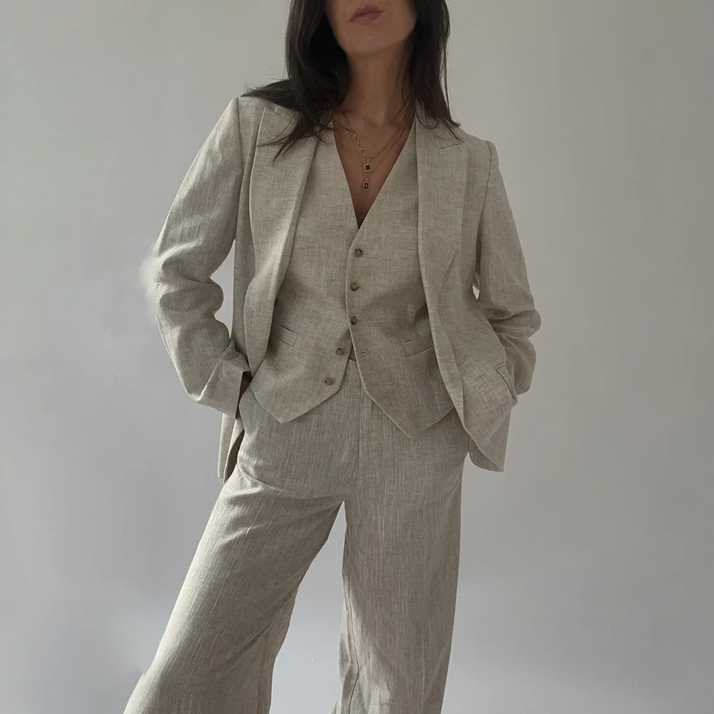Trajes de lino de verano para mujer, trajes de 3 piezas a la moda con solapa de pico y una botonadura, conjuntos de pantalones informales básicos