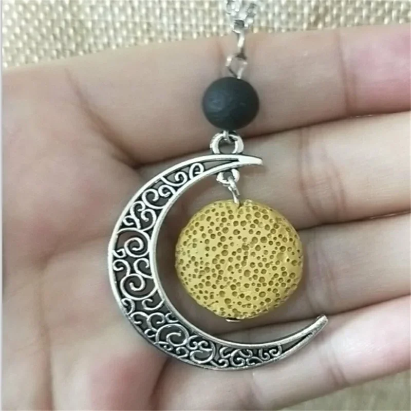 Round Lava Stone Essential Oil Diffuser Necklace Aromatherapy Jewelry Minimalist Lava Rock Stone Moon Necklace