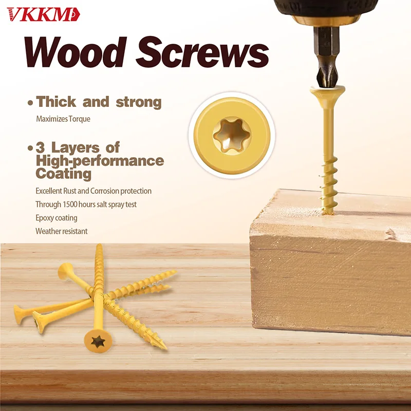 VKKM Yellow Torx Wood Screws Assortment, #8 Countersunk Self‑Tapping Wood Fasteners with T25 Bit for Furniture, Cabinet & Indoor