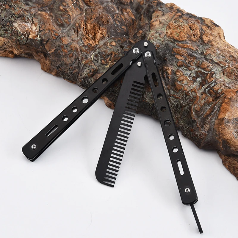 Foldable Swing Comb Stainless Steel Practice Training Butterfly Knife Comb For Men Portable Salon Hairdressing Styling Tool 1PCS