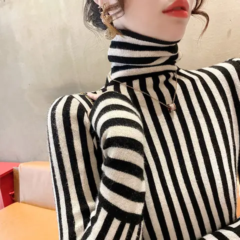 가을 겨울 우아한 모든 경기 스트라이프 니트 풀오버 여성 의류 패션 슬림 긴 소매 터틀넥 풀오버 레이디 Y2k 탑