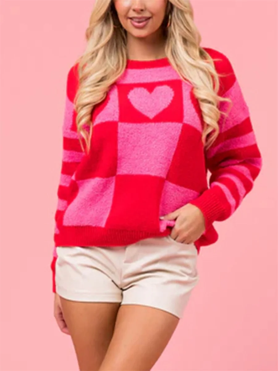 New Fashion Women Heart Sweater Loose Crew Neck Long Sleeve Pullover Knit Tops Casual Streetwear S M L