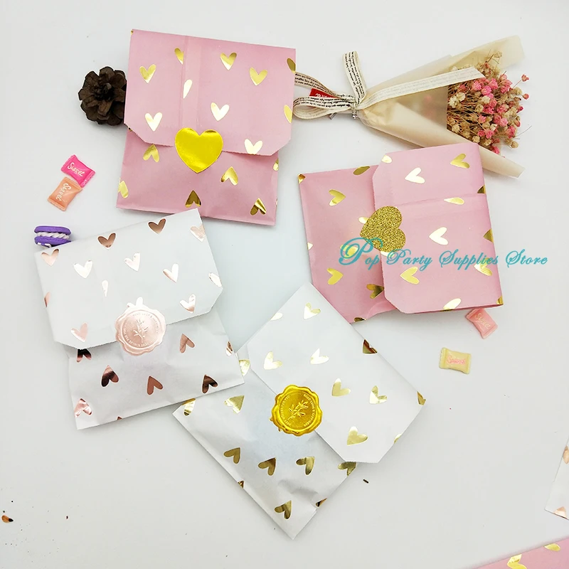 25pcs/bag Paper Bag Rose Gold Candy Gift Foil Heart Sticker Wedding Bridal Baby Shower Wedding Birthday Anniversary Favor Bag