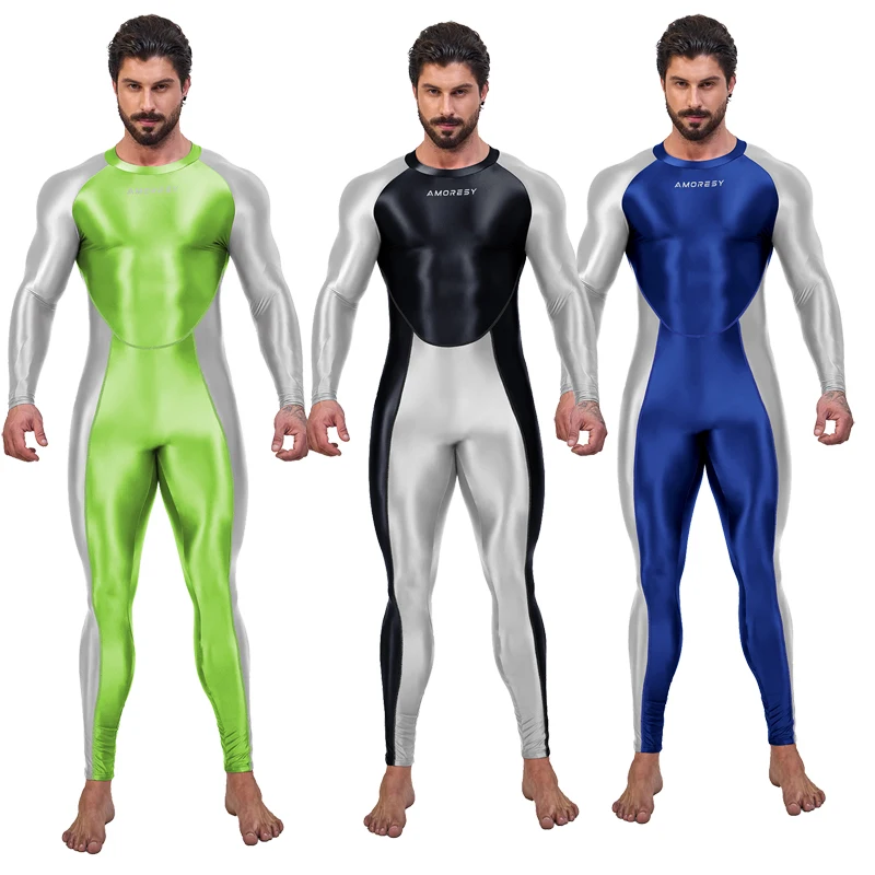 AMORESY Sexy men's gloss sports tights Shiny Bodysuit Cosplay Catsuit Jumpsuits Stretch Bodystocking Zentai Suit yoga clothes