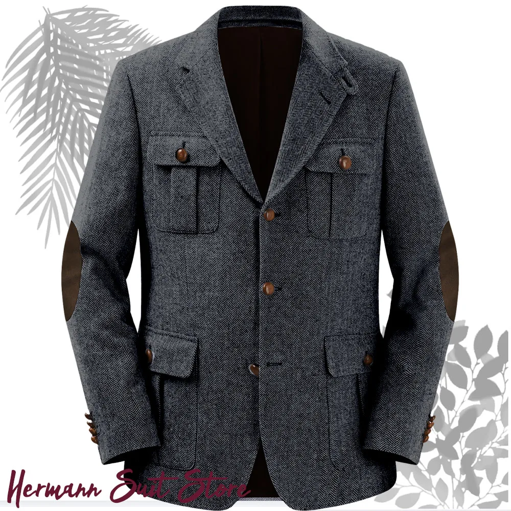 

Gray men's outdoors herringbone patterned suit jacket Multi pocket casual Blazers Man coat plus size custom suit Jacket