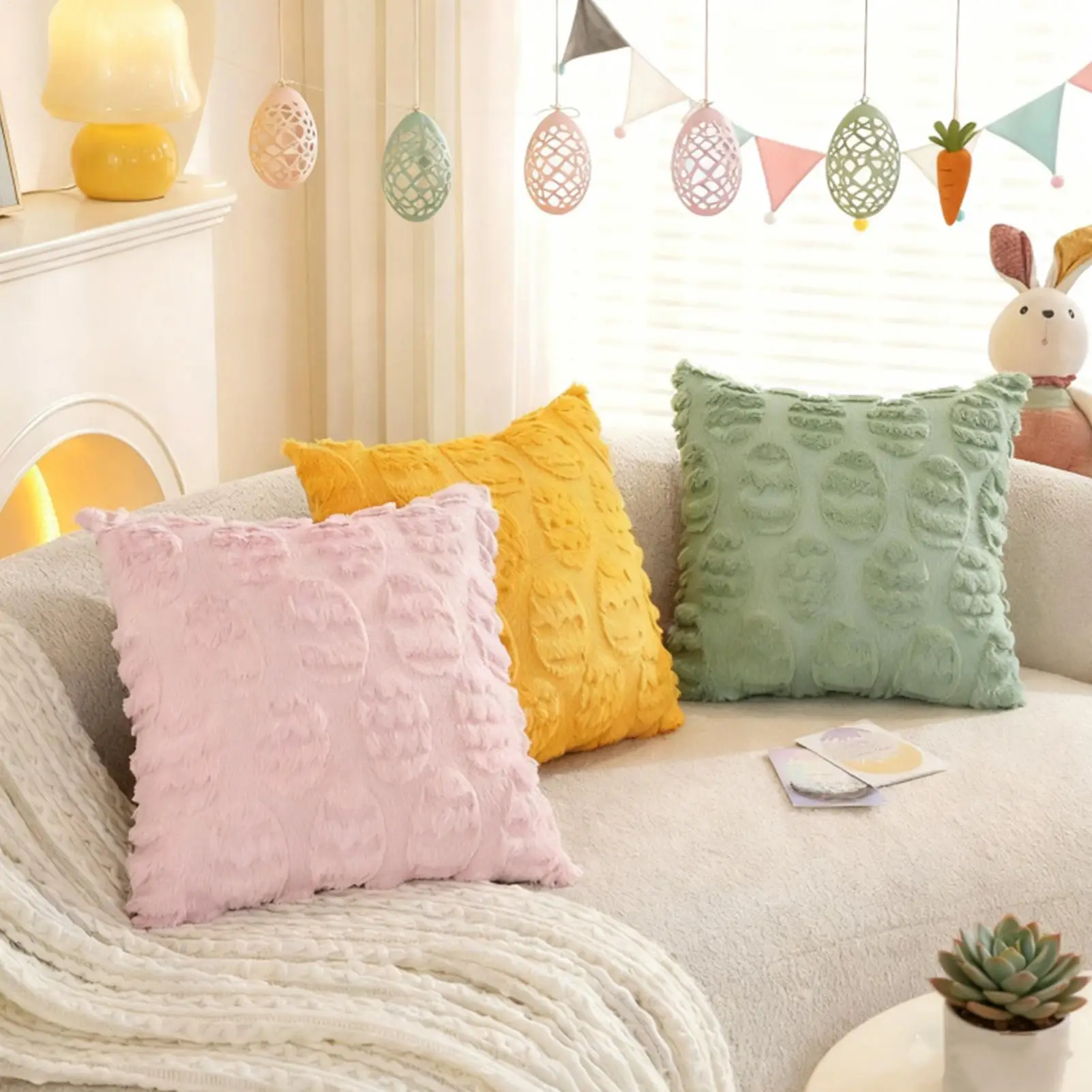 Easter Throw Pillow Cover 45x45cm Egg Print Soft Cushion Case for Sofa Couch Living Room Bedroom Farmhouse Holiday Home Decor