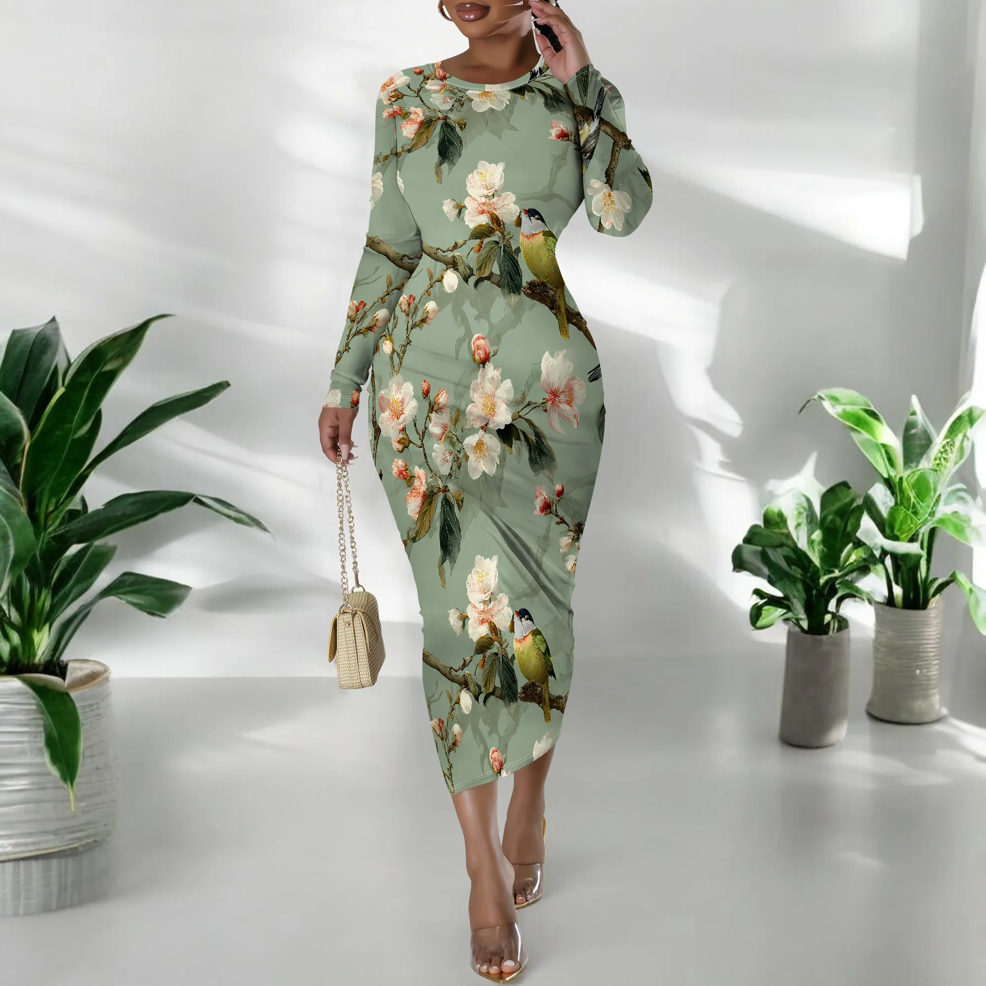 Blumendruck, langärmliges, figurbetontes Kleid, Vogel- und Blumenmuster, Midikleid mit Rundhalsausschnitt, Party-Cocktail-Clubwear, XS-3XL