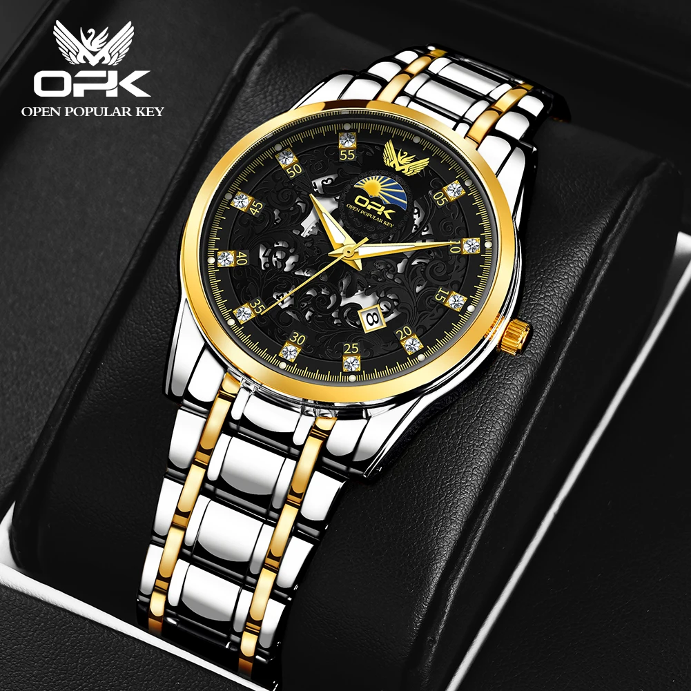

OPK 8149 Classic Fashion Quatz Movement Men Watch Hollow Design Steel Strip Luminous Waterproof Simple Dial Calendar Watch