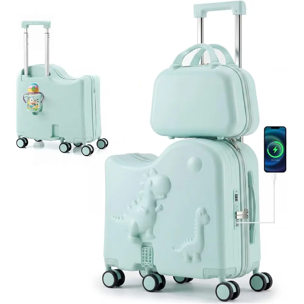 

20 Kids Dinosaur Ride-On Suitcase with 12 Portable Bag, USB & Type-C, Cup Holder, Foldable Footrest, 6 Spinner Wheels - Green