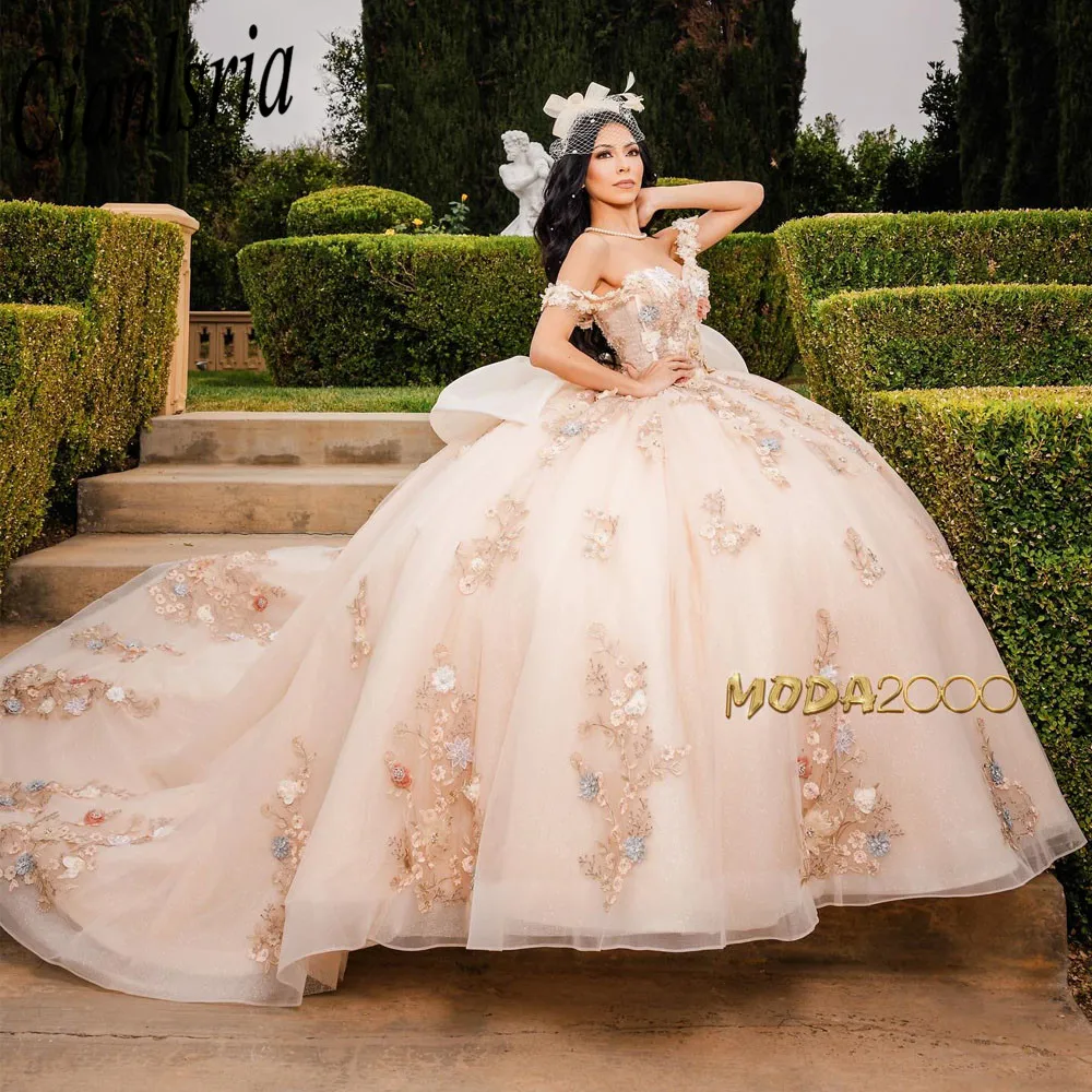 Champagne Off The Shoulder 3D Flowers Quinceanera Dresses Ball Gown Appliques Lace Bow Corset Sweet 15 Vestidos De XV Años