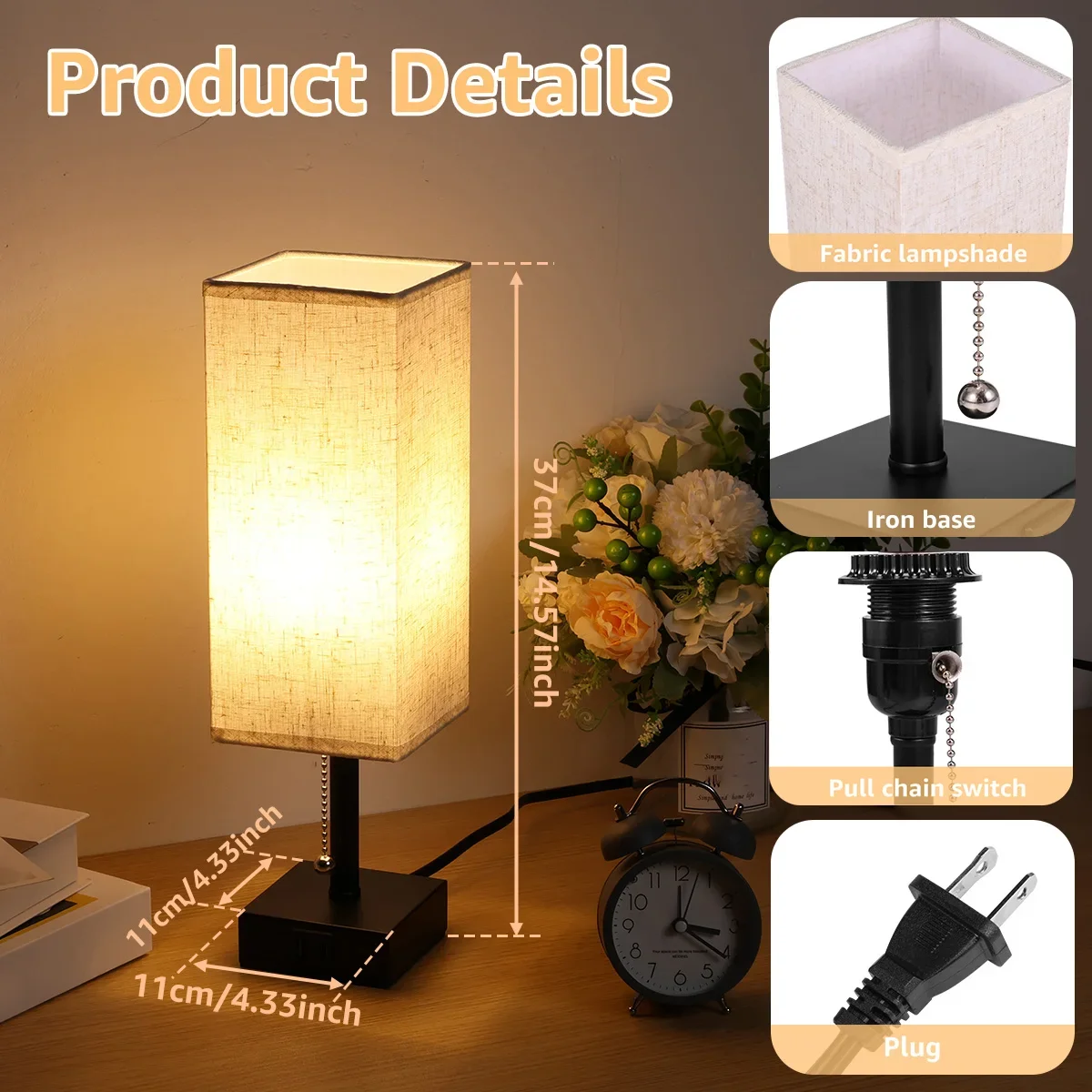 Bedside Lamp Night Lights USB Retro Nightstand Table Lamp Dimmable  Bedroom Wooden Desk Lamp with Fabric Shades  Decor