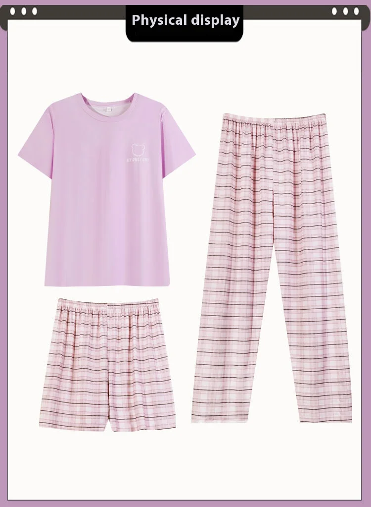 New Three-Piece Pajamas Homewear Women Cotton Spring and Summer Sweet Girl Department of Short-Sleeved Simple Leisure Homewear