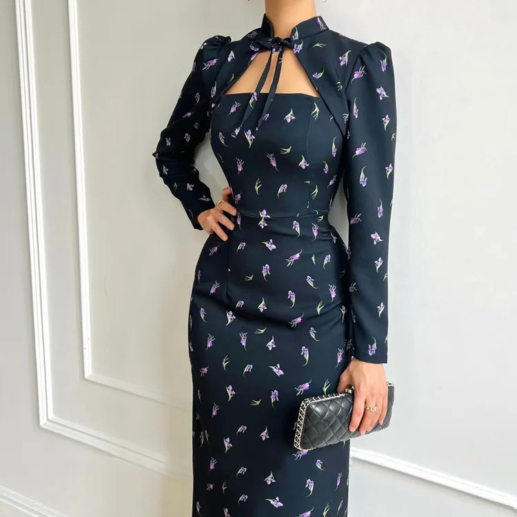 French Style Stand Collar Tie Printed Long Sleeve Dress for Women Elegant Waist-cinching Slit Bodycon office lady Long Party