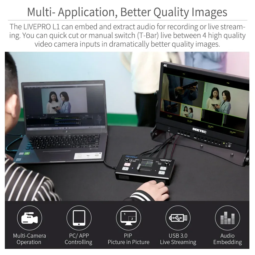 

FEELWORLD LIVEPRO L1 V1 Video Mixer 4 HDMI Inputs 1 HDMI Output 1080p Resolution 2" TFT Screen Lightweight 500g