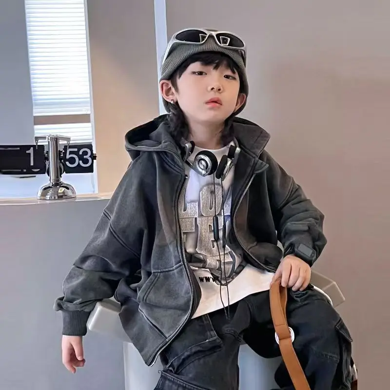 New boys' jacket cartoon distressed hooded winter 2024 children's velvet horn hat double zipper sweater loose casual jacket