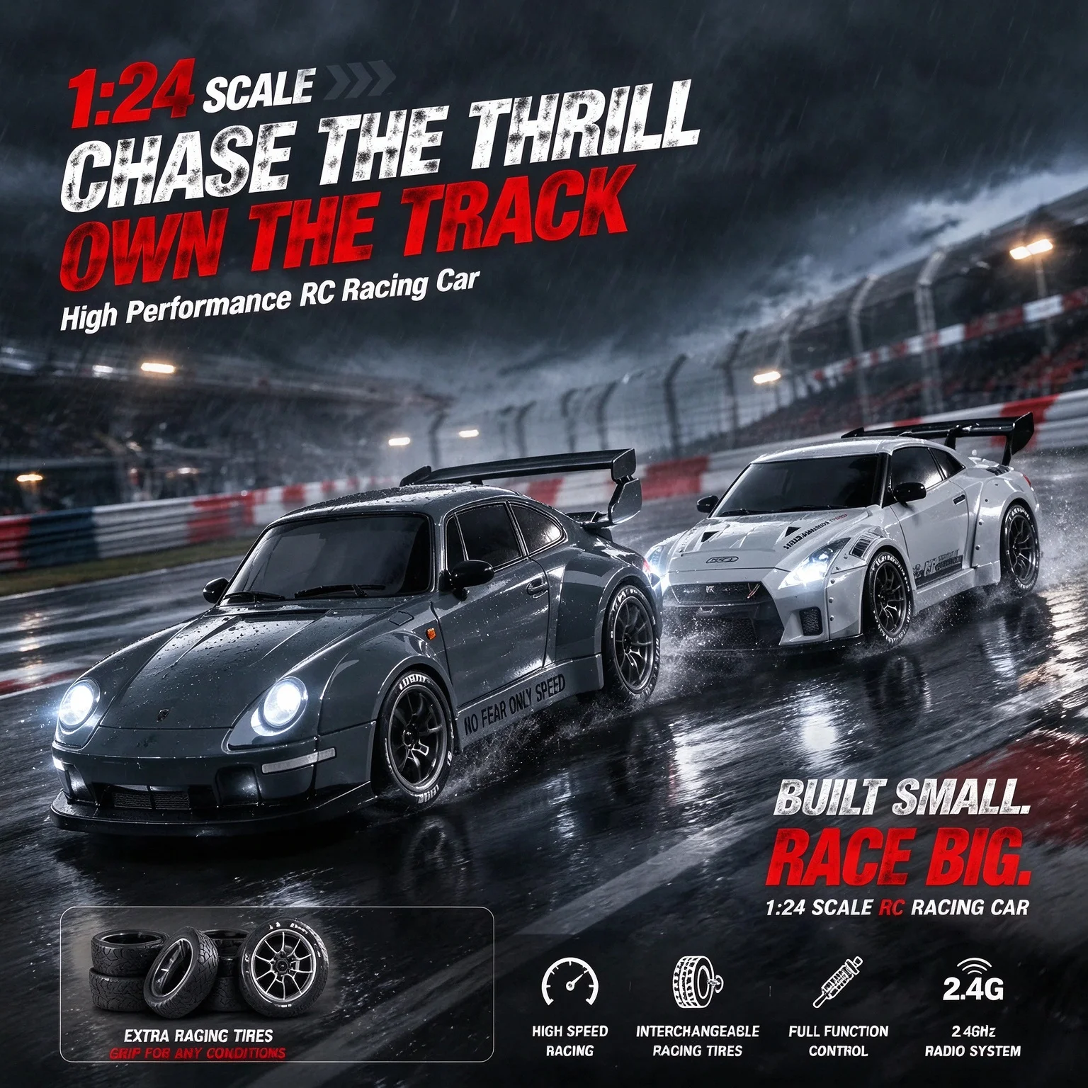 1:24 RC Drift Car 2.4GHz 4WD High Speed Remote Control Car Vehicle with LED Lights Drifting Tires Racing Sport Toy Car for Adult
