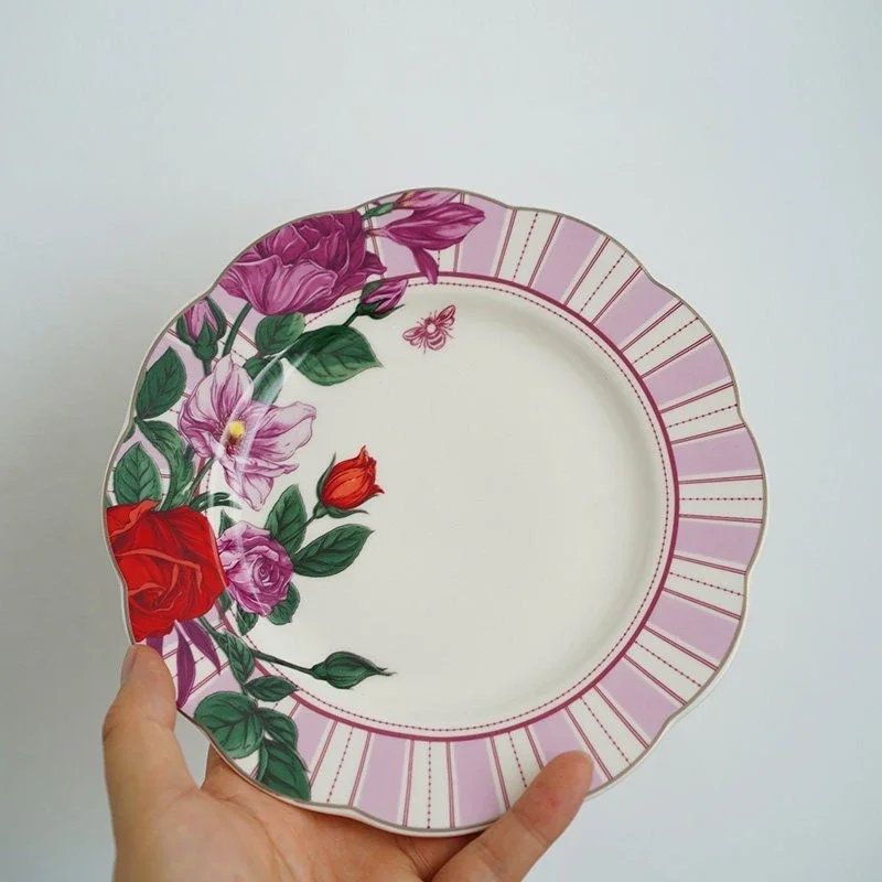 Vintage Floral Bow Ceramic Dessert Plate, Japanese Retro Afternoon Tea Pastry Tray, Elegant Western Dinnerware,Home Kitchen Gift