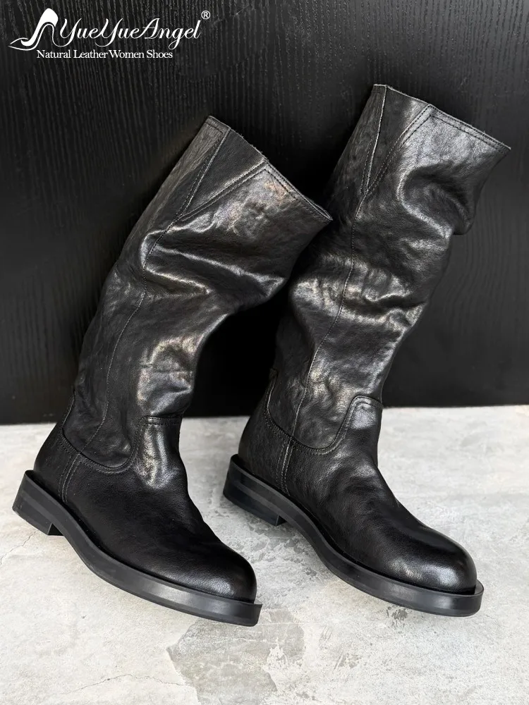 Retro Female Genuine Leather Round Toe Chunky Heel Platform Boots Versatile Solid Color Cowhide Slip On Height Increase Footwear