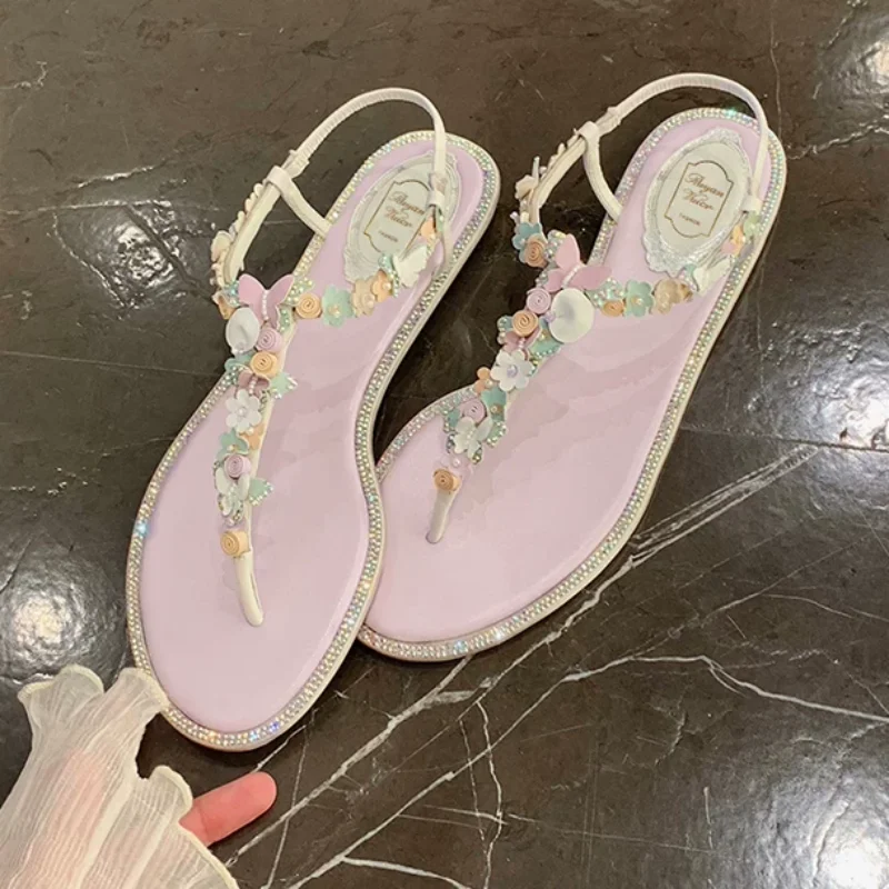 Women's Pink Floral Rhinestone Embellished Thong Slingback Square Toe Flat Sandals Fairy Elegance Ladies Beach Casual Shoes
