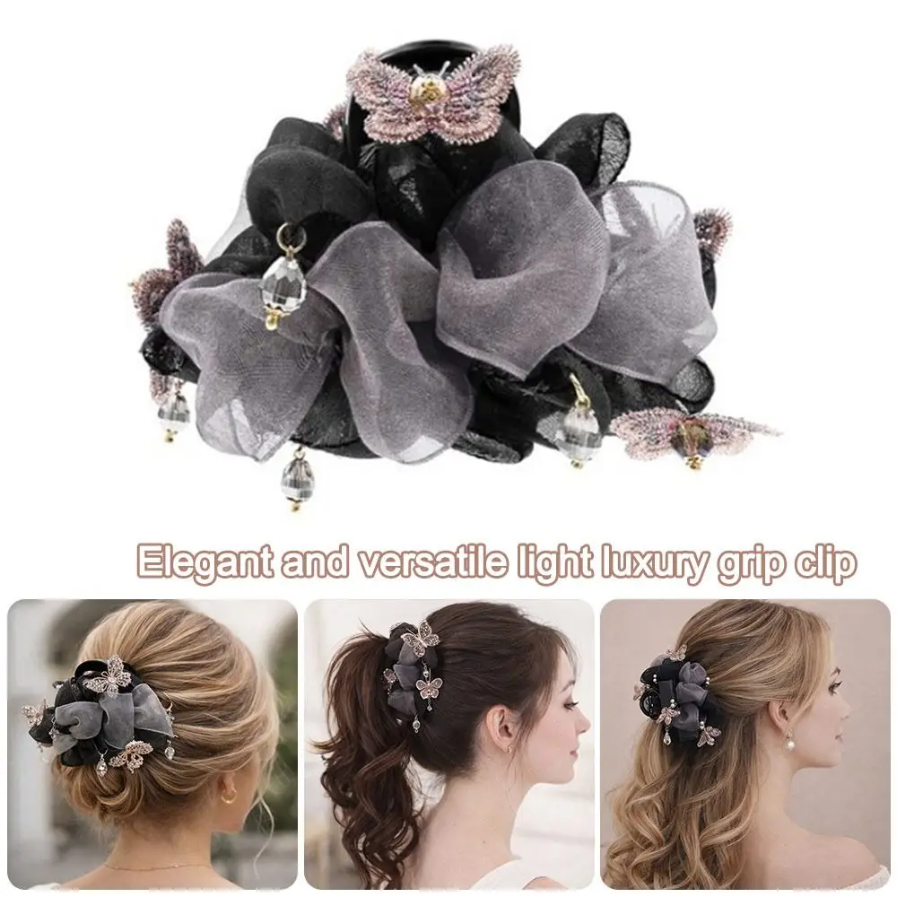 

New Pink Butterfly Hair Clip Black and Gray Mbroidered Crab Claw Clip 8cm Crystal Pendant Hair Clip