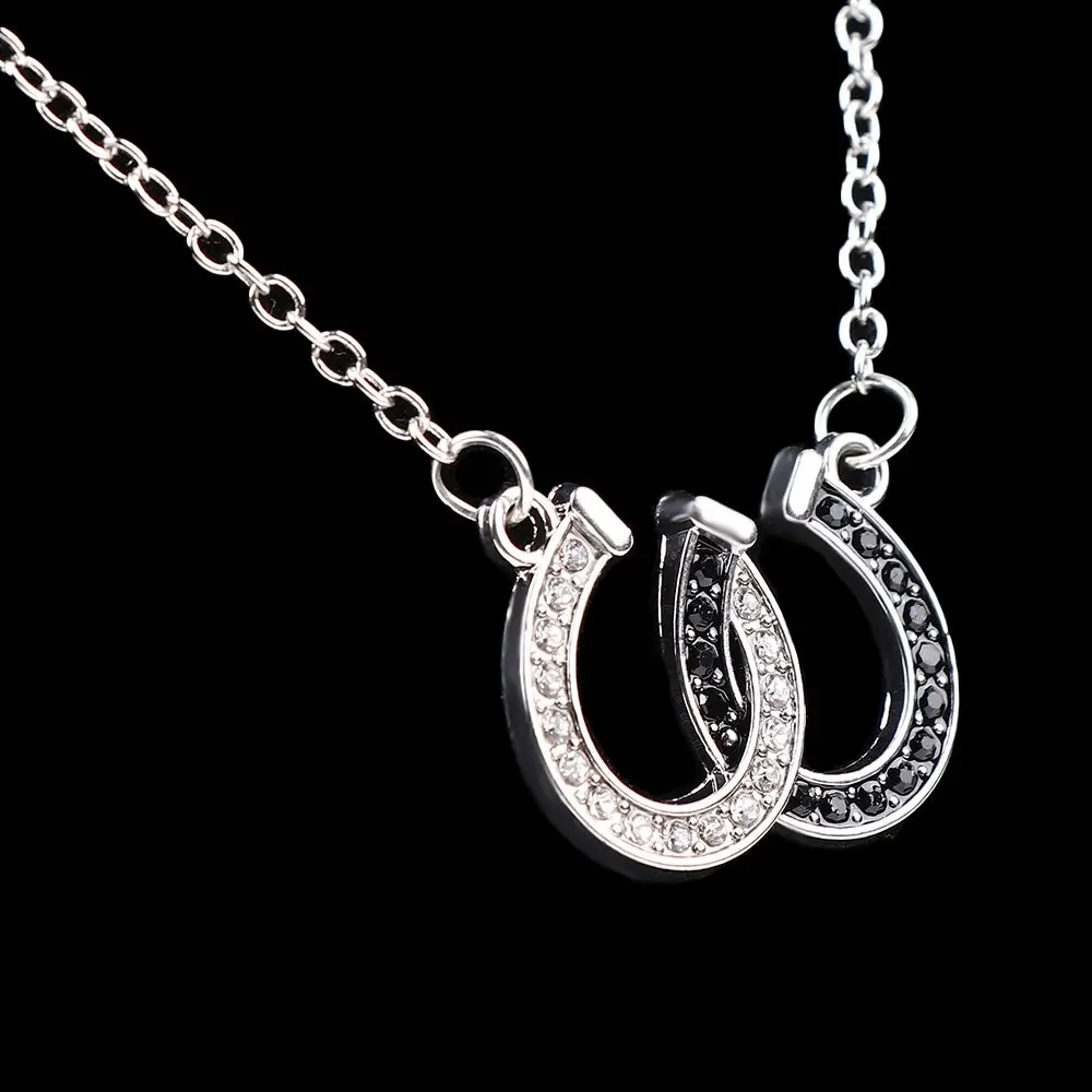 Black White Jewelry Rhinestone Double Horse Hoof Pendant Women Lady Necklace Alloy Chain