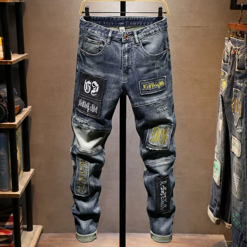 

Street Fashion Designer Men Jeans Retro Washed Blue Stretch Slim Fit Ripped Jeans Men Y2K Embroidery Patched Hip Hop Denim Pants