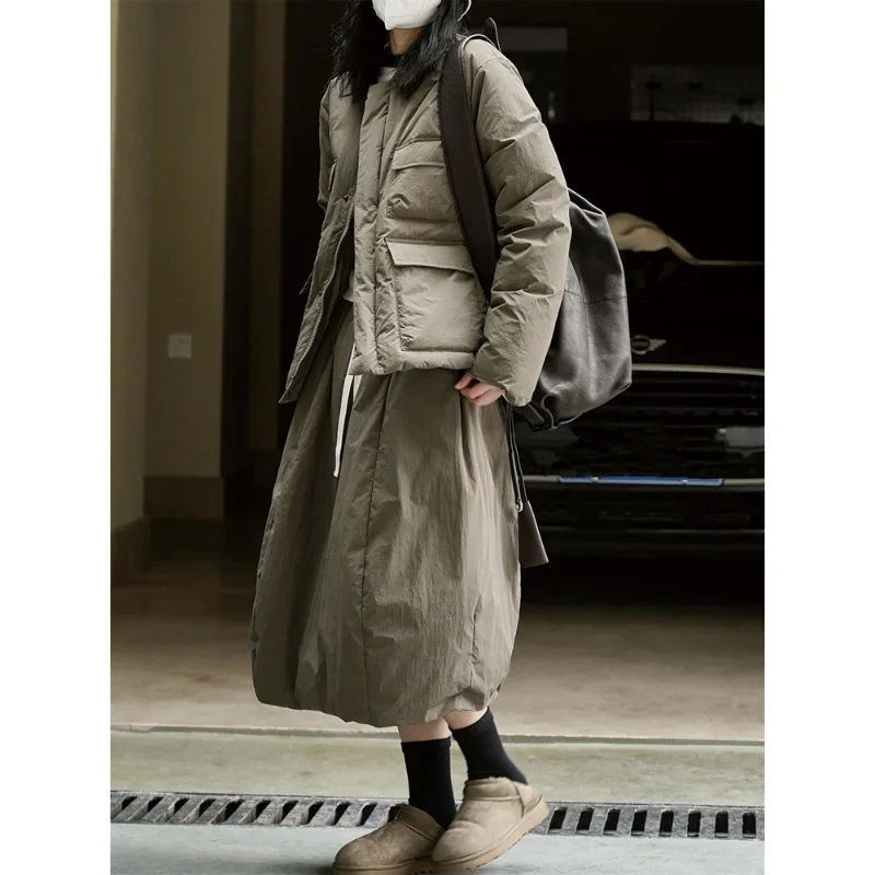 Women Round Neck Bread Down Jackets Pocket Warm Loose Casual Black Coats Military Uniform Element White Duck Clothing Light Tops
