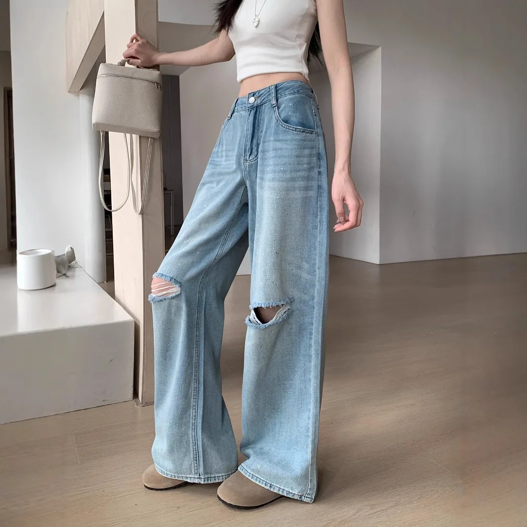 

2025 early spring new wide-leg denim trousers for women washing ripped design straight loose floor pants