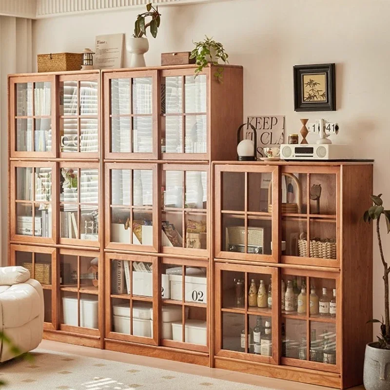 

Cherry wood solid wood bookcase, locker integrated sliding door display cabinet, household storage bookshelf