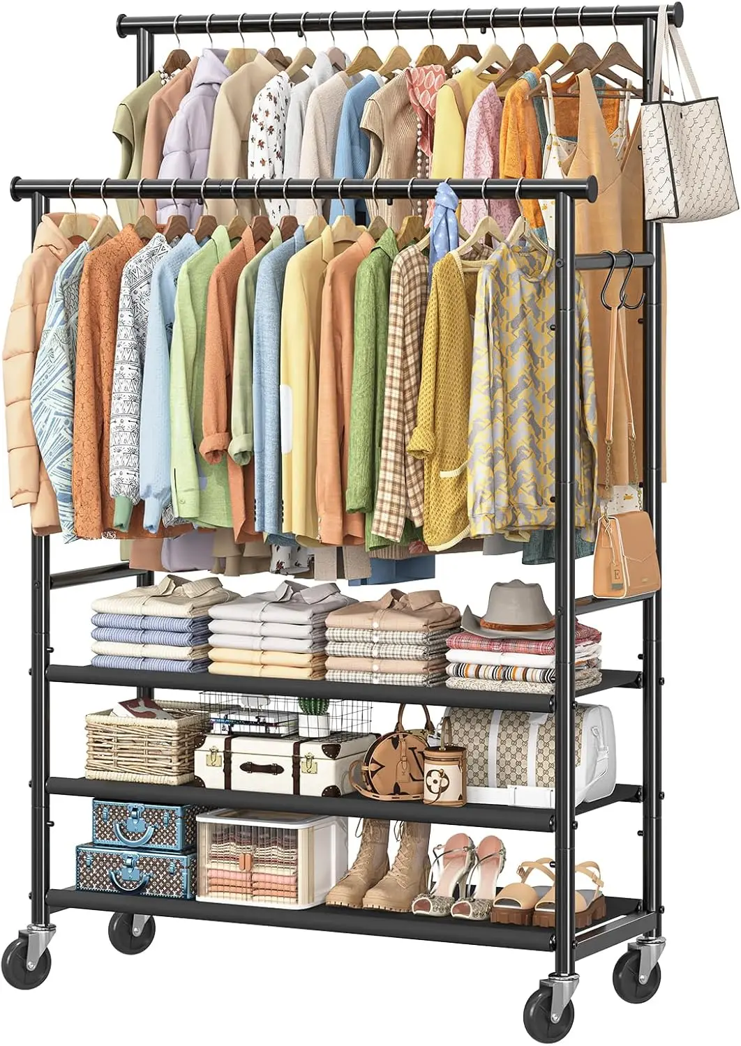 

Double Rods Clothes Rack for Hanging Clothes, Rolling Clothing Rack with Wheels, 3-Tier Hanging Rack with Mesh Shelves, Holds