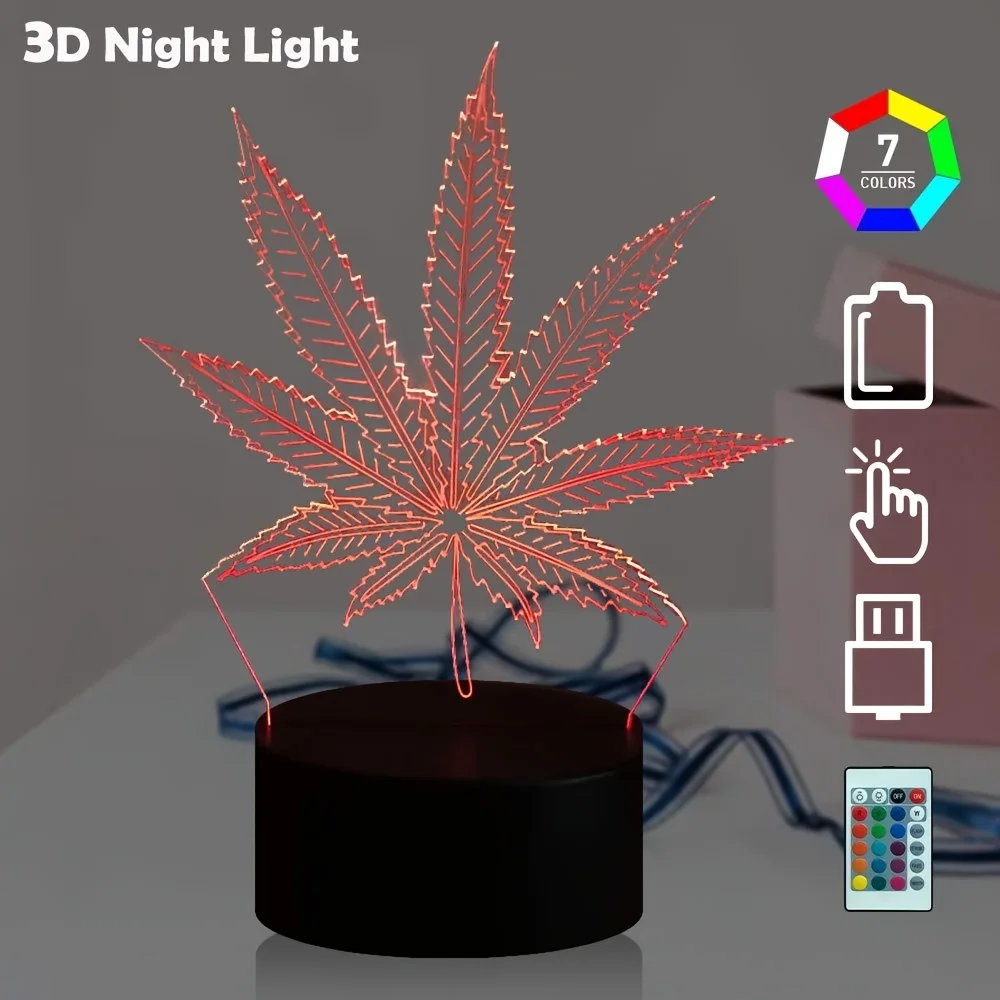 3D Maple Leaf LED Night Light, 7 cores mudando Table Light, lâmpada óptica, ilusão visual, Home Decor Lighting, Festival Gift, erva daninha