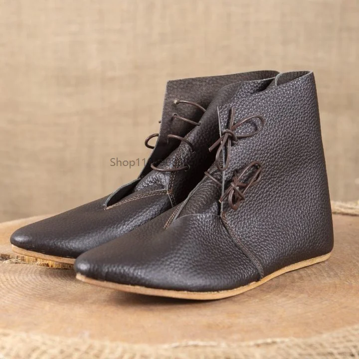Retro Medieval Men Ankle Boots Pebbled Faux Leather Lace‑up Historical Renaissance Cosplay Costume Shoes For Party Performance 4