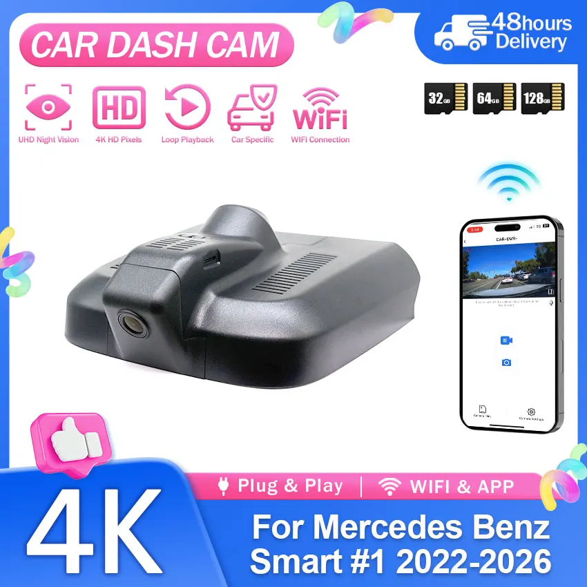 Dash Cam 4K WiFi Dashcam Smart App Control For Mercedes Benz Smart #1 2022-2026 Car DVR Loop Recording Dash Cam Night Version