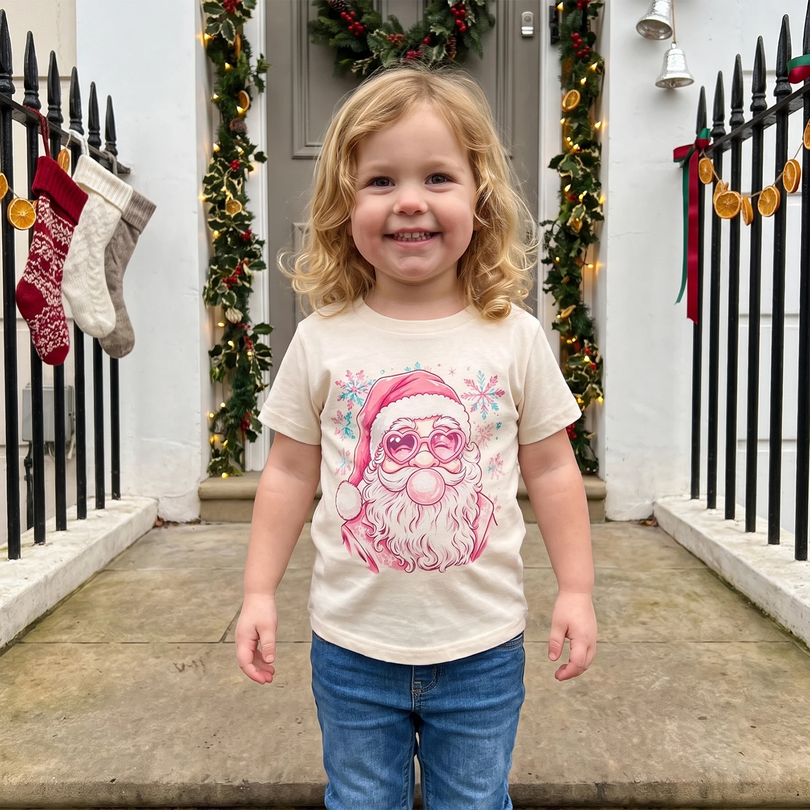 Little Girl Christmas T-Shirt Short Sleeve Crew Neck Santa Claus Print Tops
