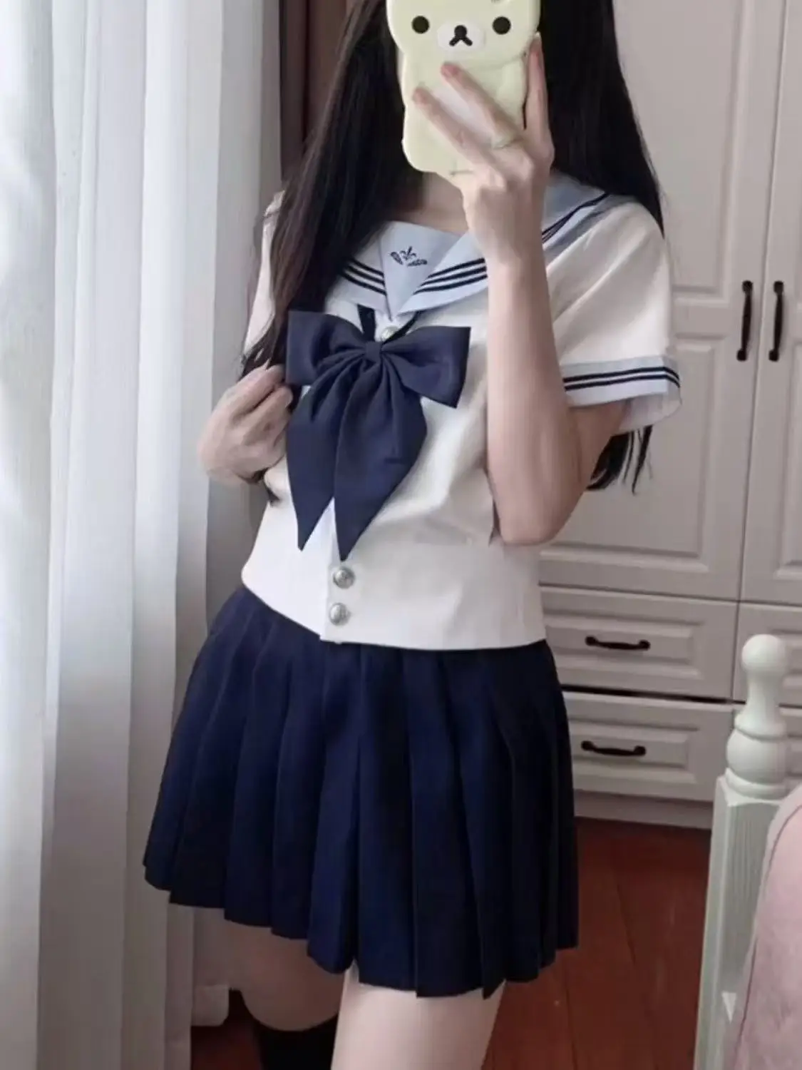

Summer Short Sleeve Sailor Suit Student Uniform Set Women's Slim Fit School Style Fashion Ensemble Casual Wear Polyester Fabric