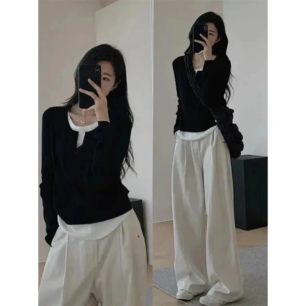 2025 الخريف الشتاء طويلة الأكمام الكورية الاسلوب المناسب س الرقبة التي شيرت للنساء وهمية قطعتين تي شيرت السيدات تي شيرت علوي الملابس