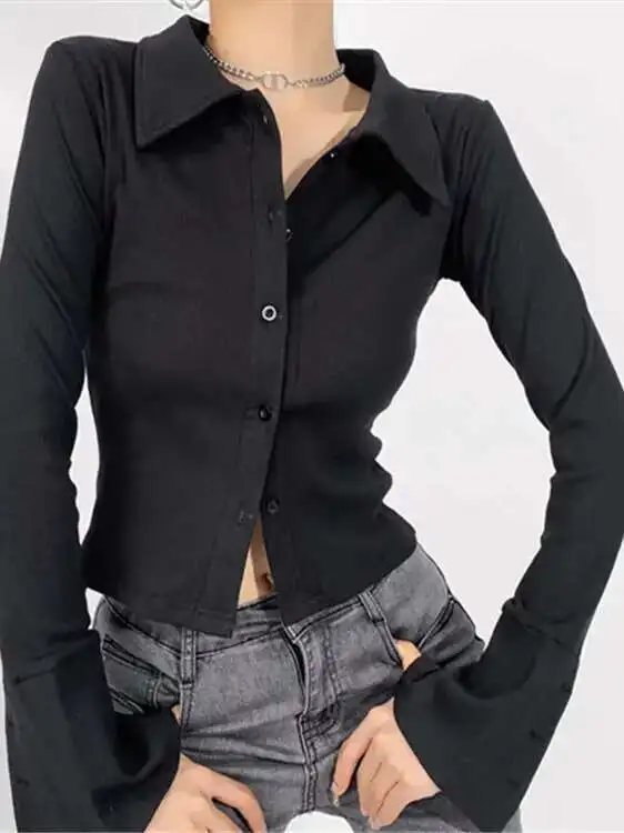Autumn New Light Mature Polo Collar Single Breated Flared Sleeve Shirt Women Cinching Waist Solid Slim Casual Top AUHB
