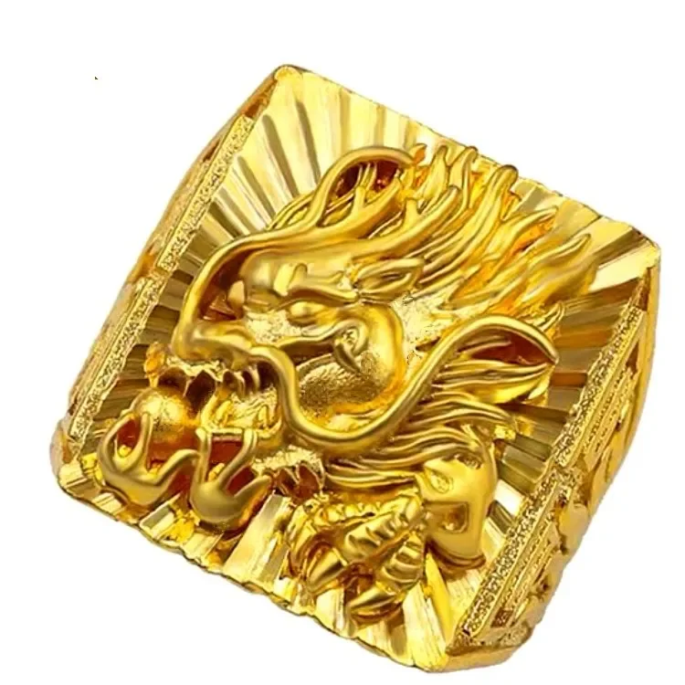 Real 100% Gold Embossed Dragon Ring for Men, Pure 24K Gold Better Thick Rings for Women Man Fashion Wedding Party Charm Jewelry