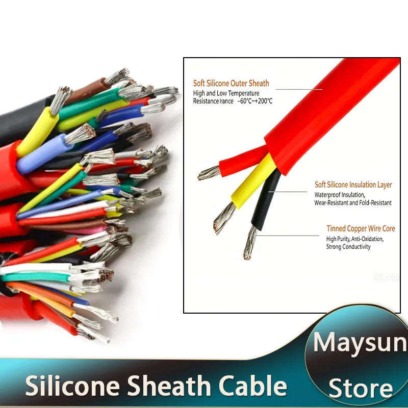 Super Soft Flexible Silicone Rubber Sheath Cable 2/3/4/6 Cores Tinned Copper Power Wire, 10–22 AWG, 1/3/5m Length Optional