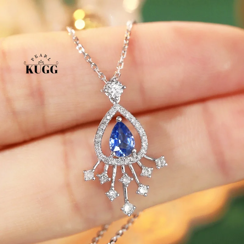 KUGG 18K White Gold Necklace Romantic Style Shiny Diamond Natural Sapphire Pendant Necklace for Women High Engagement Jewelry