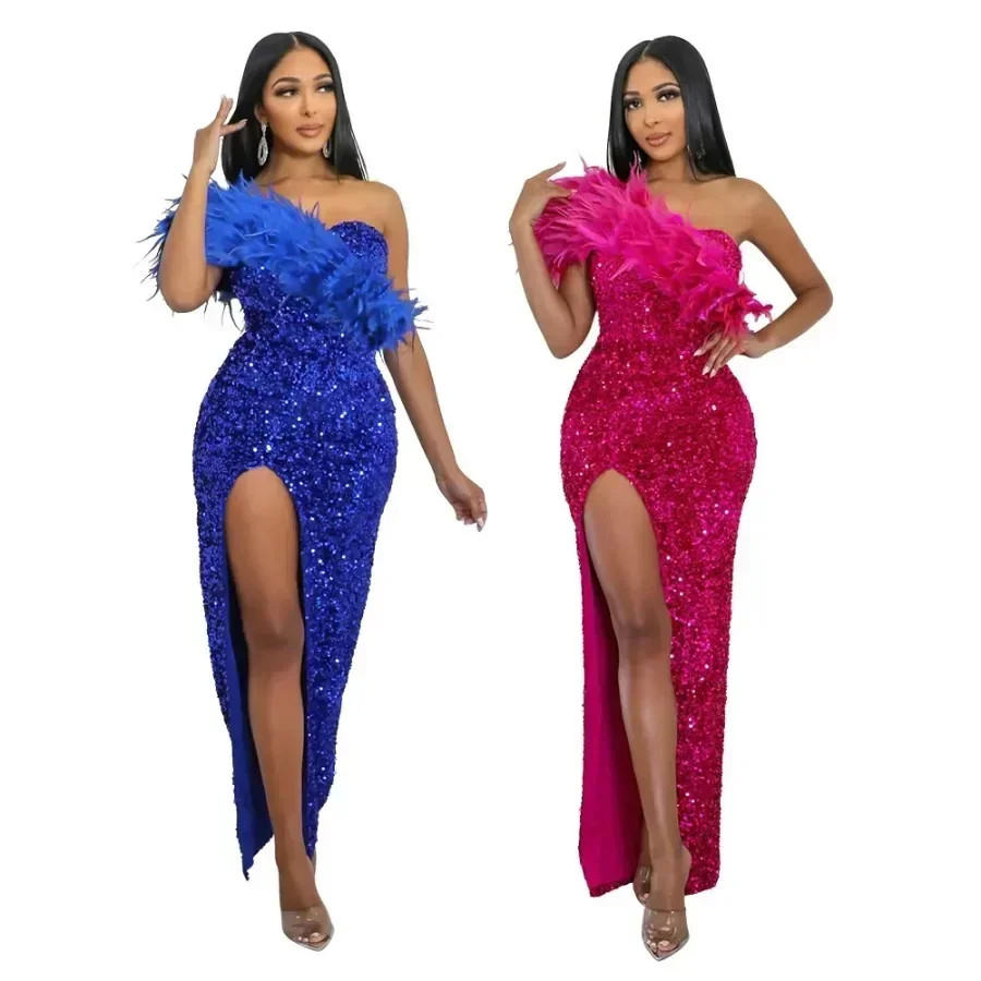 One Shoulder Feather Sequin Prom Long Slit Dress Party Evening Gowns Elegant Luxury Celebrity Night Club Sexy Bodycon Dresses