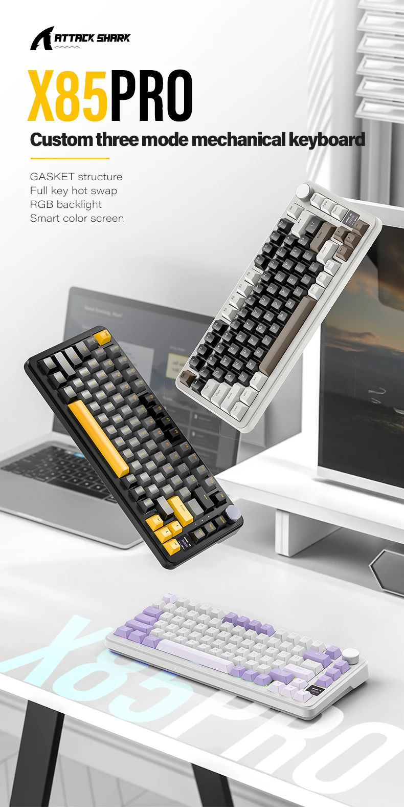 

ATTACK SAHRK X85Pro Customized Three-mode Mechanical Keyboard,Alloy Knobs,Multi-functional Color Screen