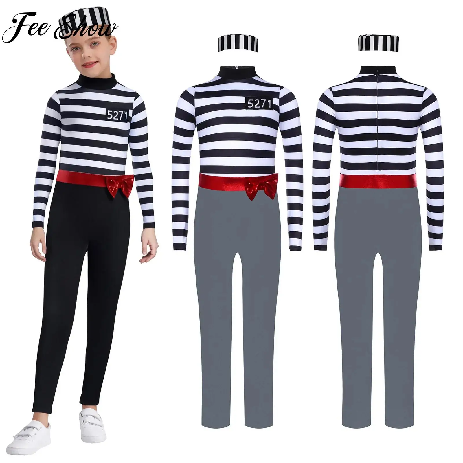 

Girls 2-piece Festival Outfit Prisoner Cosplay Costume Halloween Jailbird Inmate Costume Long Sleeve Jumpsuit with Prisoner Hat