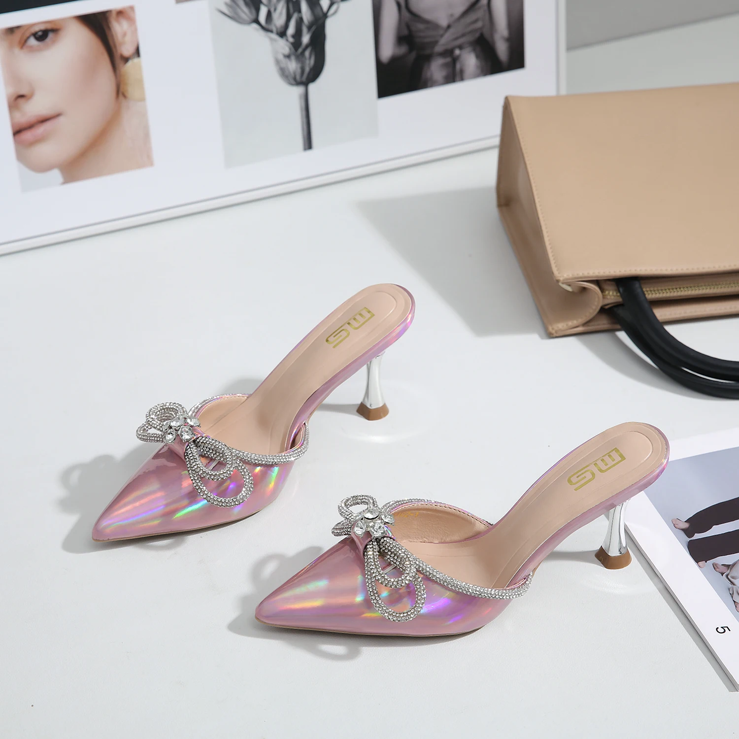 Pointed semi-slippers 2023 summer rhinestone bow with thin heels and sandals fans colorful Joker luxurious banquet shoes