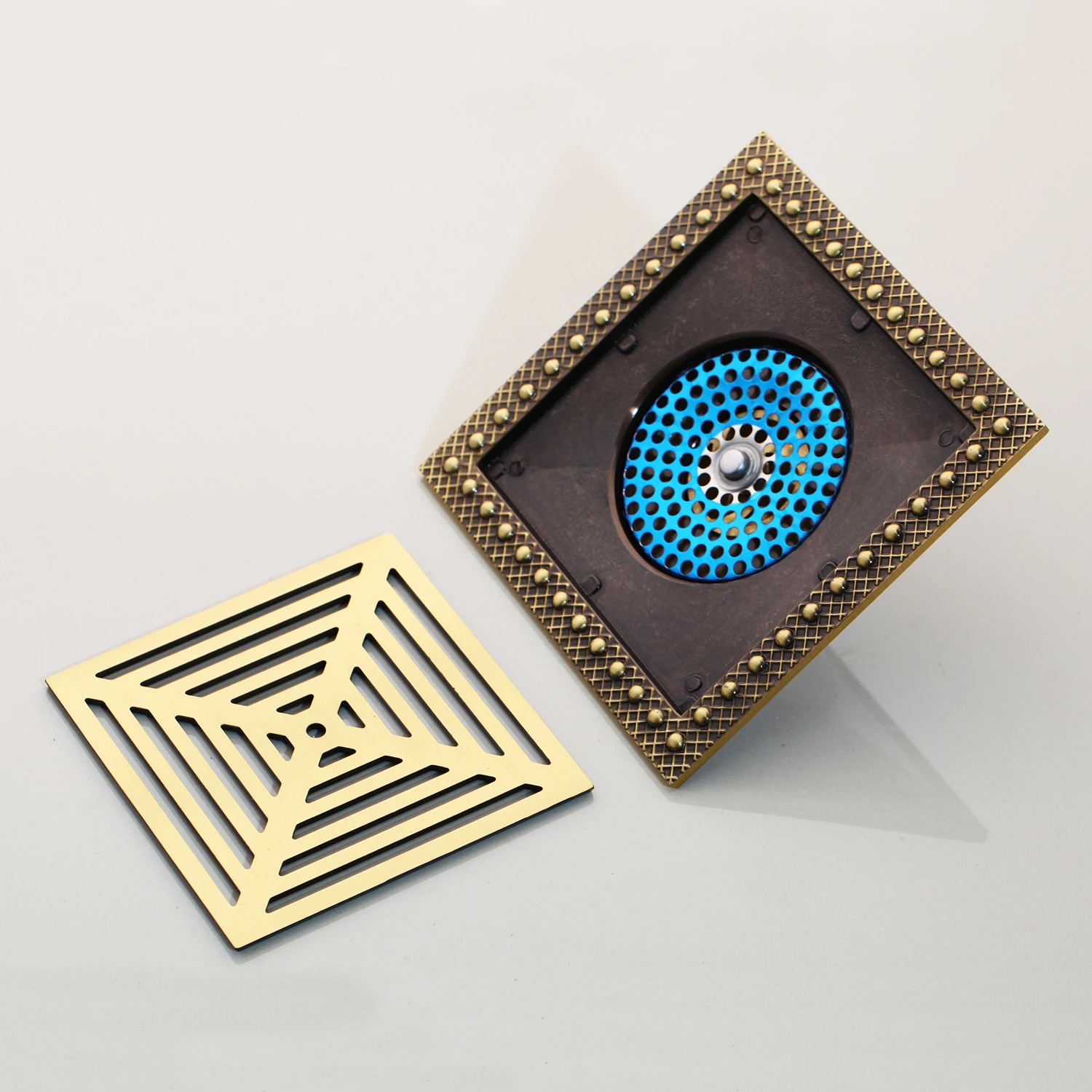 KEMAIDI 10cm Floor Drains Antique Brass Shower Floor Drain Bathroom Deodorant Euro Square Floor Drain Strainer Cover Grate Waste