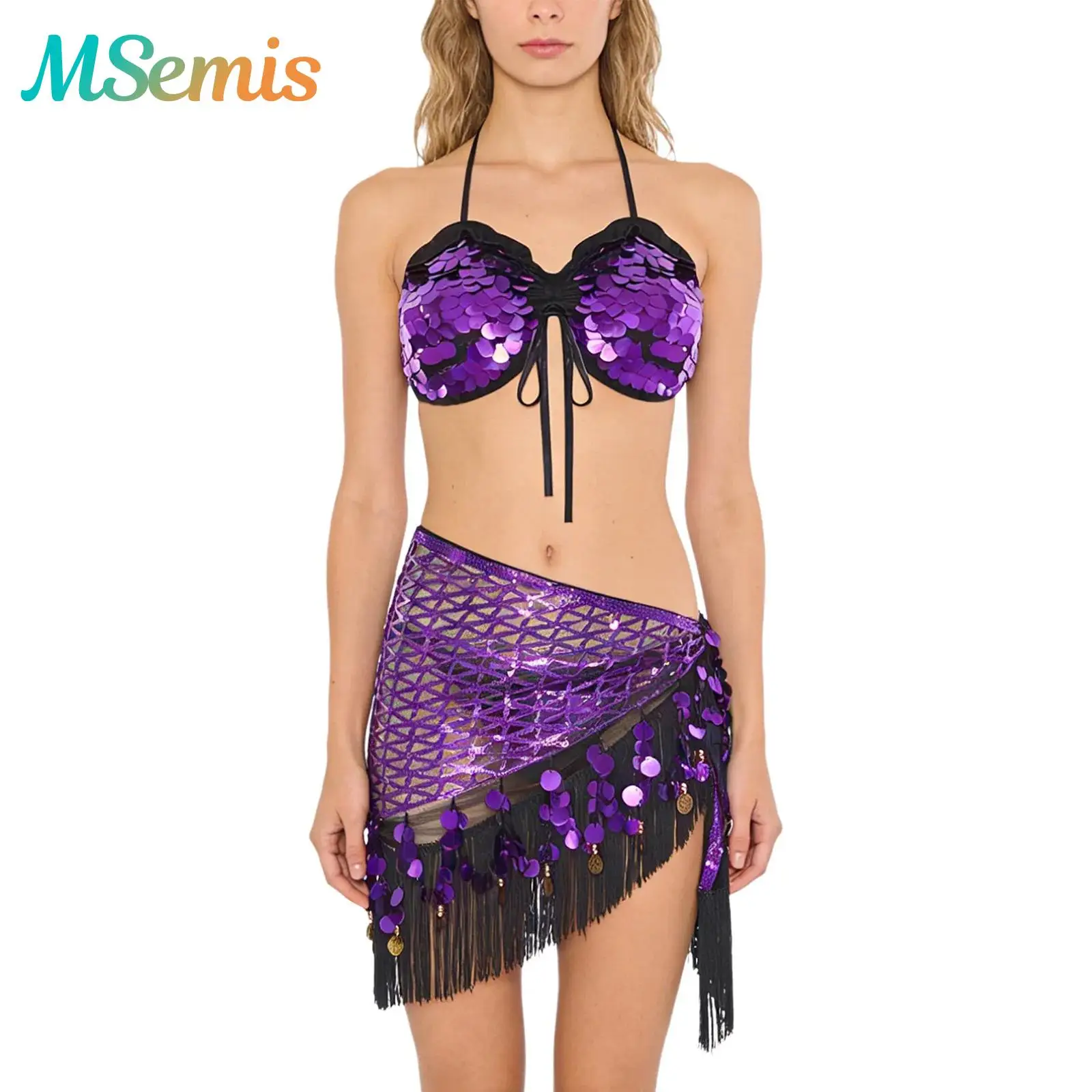 

Womens Belly Latin Dancing Performance Costumes Shiny Sequin Lace-up Crop Top Tassel Triangle Hip Scarf Waist Chain Hip Wrap